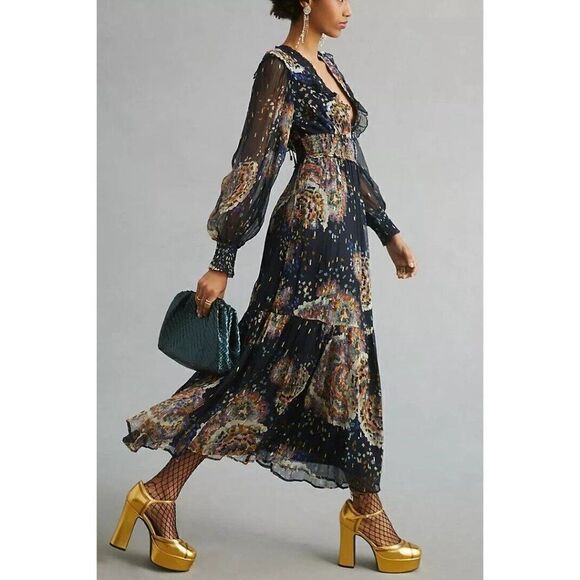 NWT ANTHROPOLOGIE Sz XSP SMOCKED V NECK MAXI DRESS - Picture 4 of 5